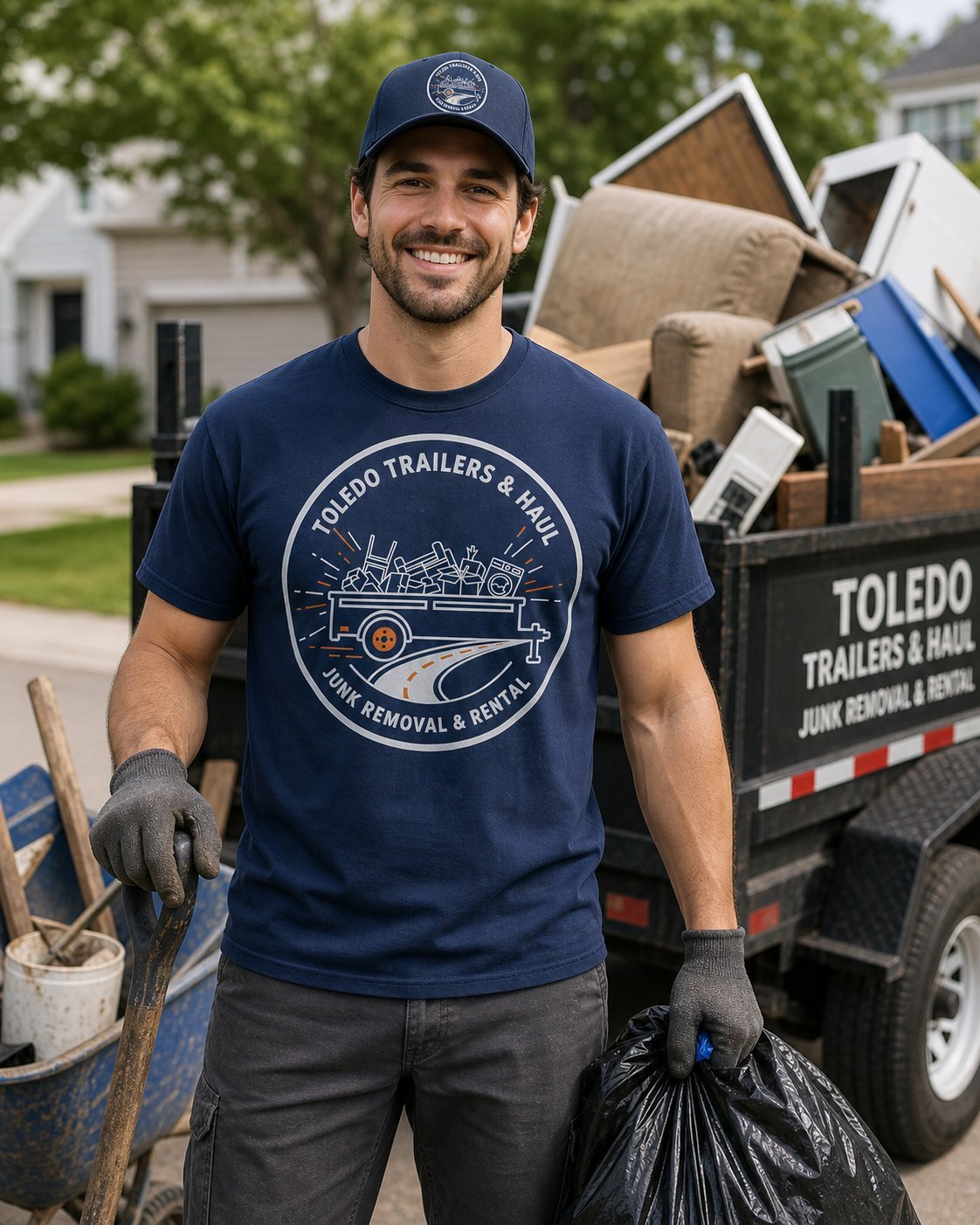 Smiling man in Toledo Trailers and Haul t-shirt holding trash bags next to junk removal truck in residential driveway