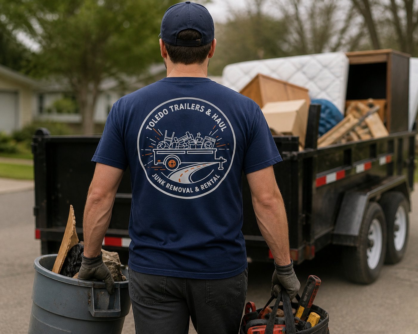 Man wearing navy work shirt carrying tools and equipment with a loaded trailer in the background
